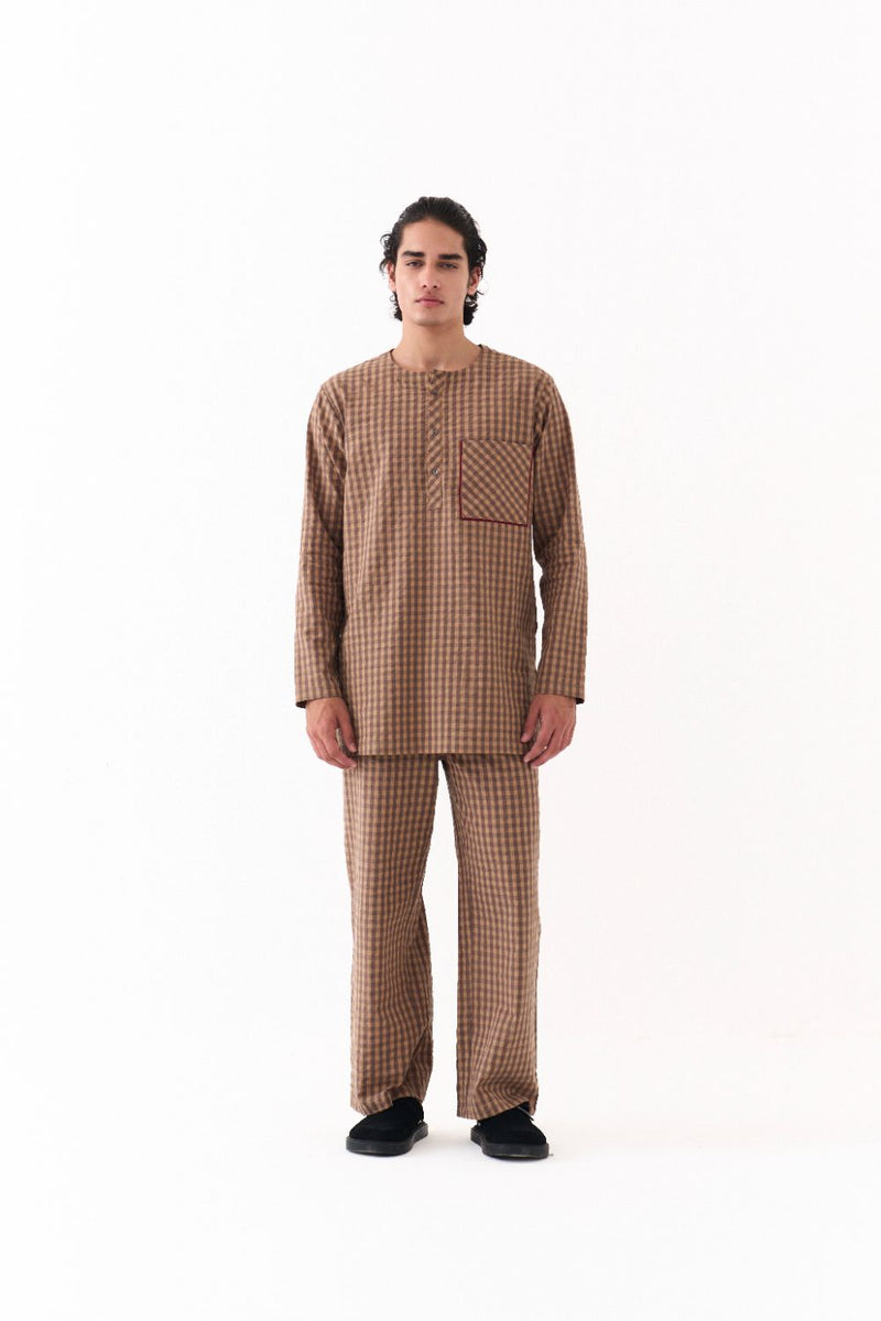 PLACKET KURTA-CARAMEL CHECK mul by THREE Men for men in Singapore