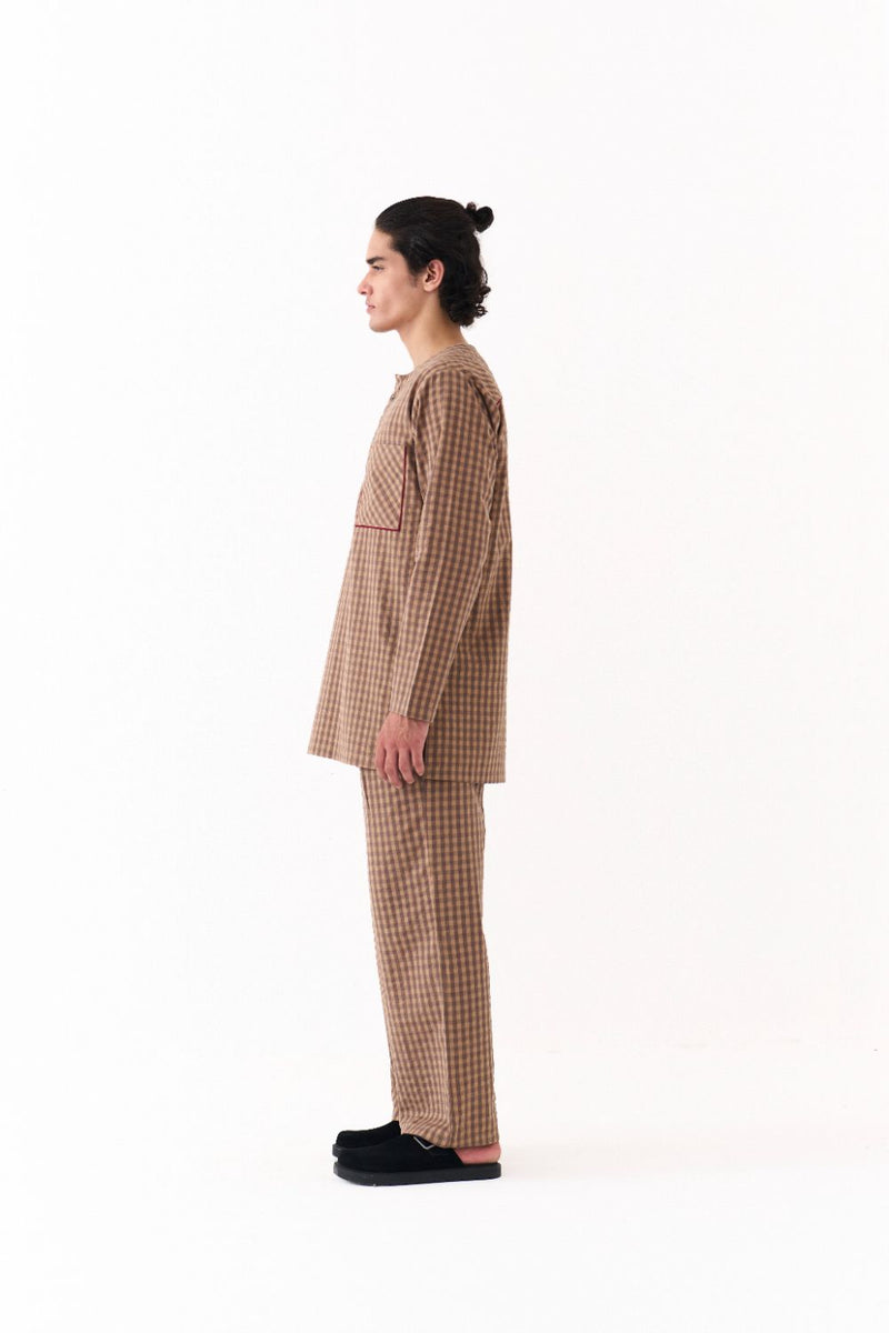 PLACKET KURTA-CARAMEL CHECK mul by THREE Men for men in Singapore
