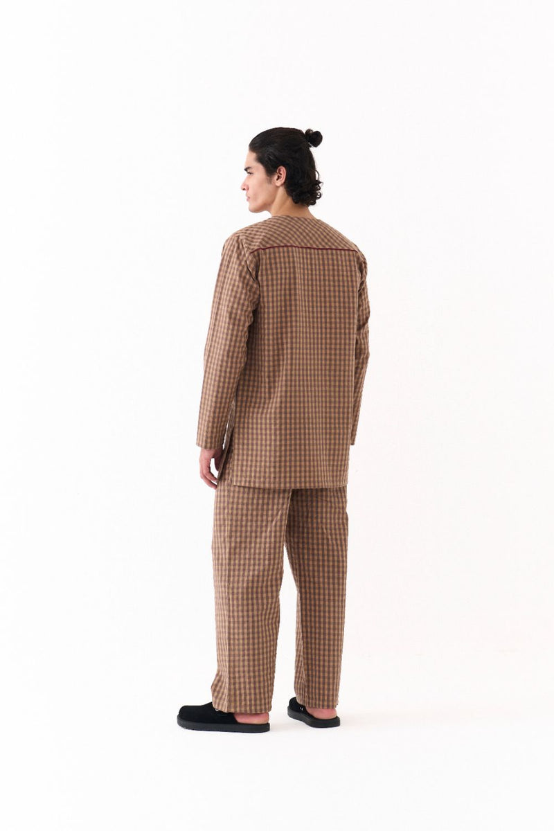 PLACKET KURTA-CARAMEL CHECK mul by THREE Men for men in Singapore