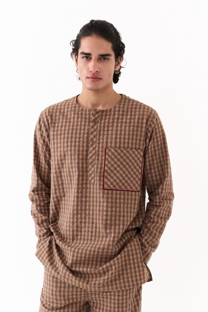 PLACKET KURTA-CARAMEL CHECK mul by THREE Men for men in Singapore
