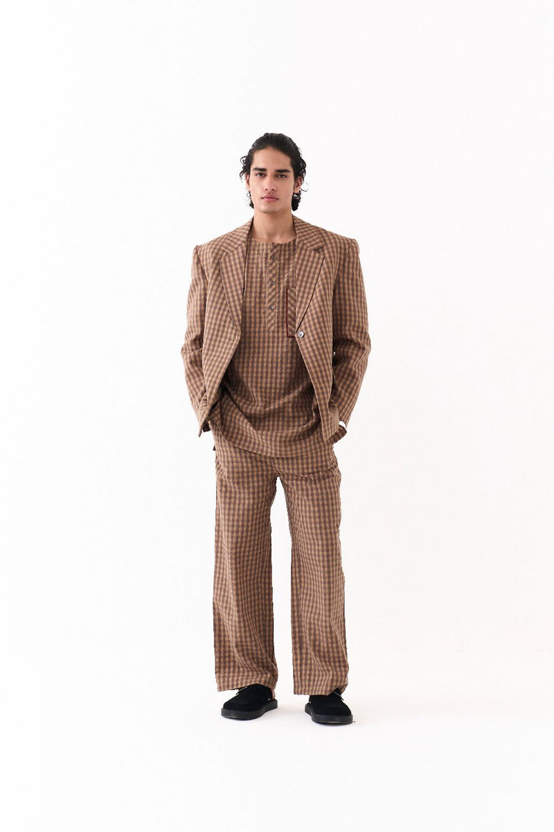 PLACKET KURTA-CARAMEL CHECK mul by THREE Men for men in Singapore