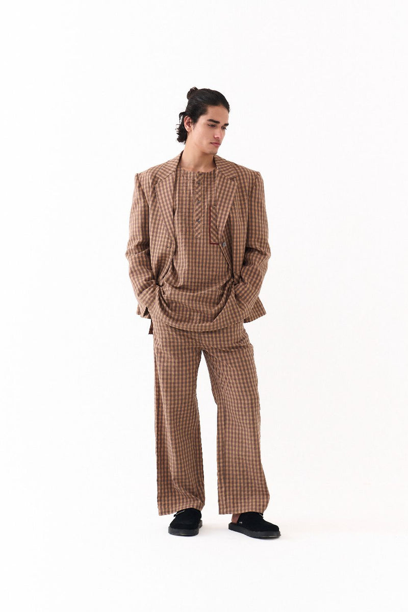 PLACKET KURTA-CARAMEL CHECK mul by THREE Men for men in Singapore