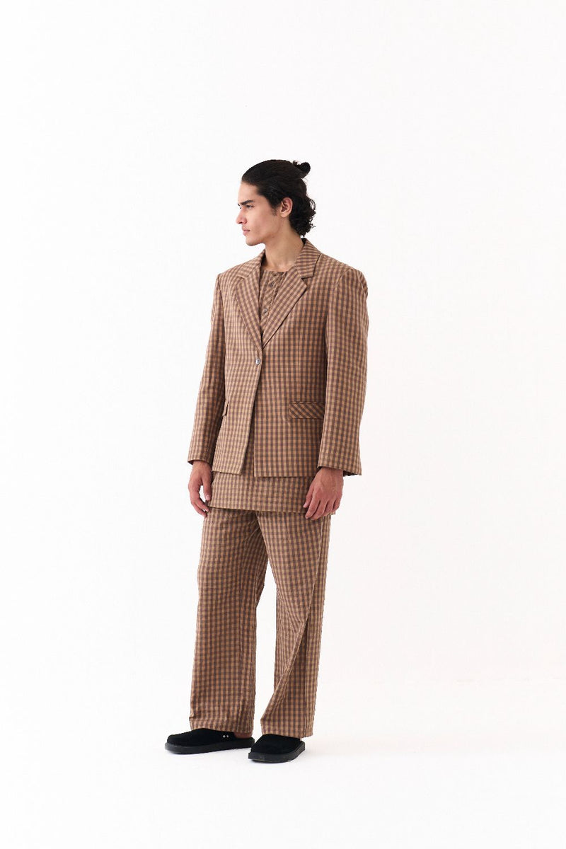 PLACKET KURTA-CARAMEL CHECK mul by THREE Men for men in Singapore