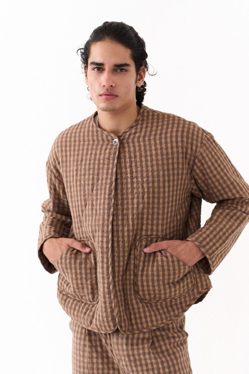 FRONT PLEAT BOTTOM-CARAMEL CHECK-CARAMEL CHECK mul by THREE Men for men in Singapore