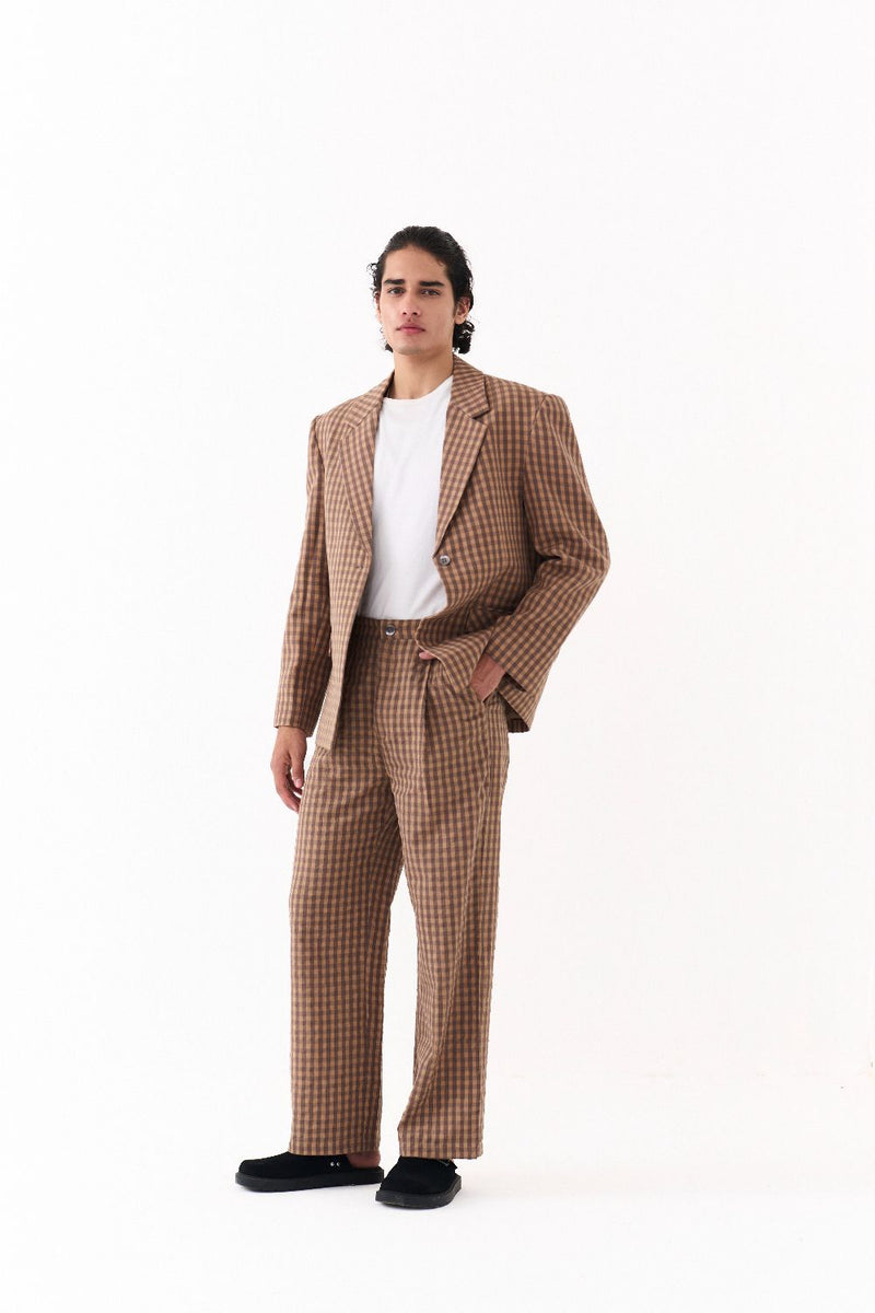 SINGLE BREASTED BLAZER -CARAMEL CHECK mul by THREE Men for men in Singapore