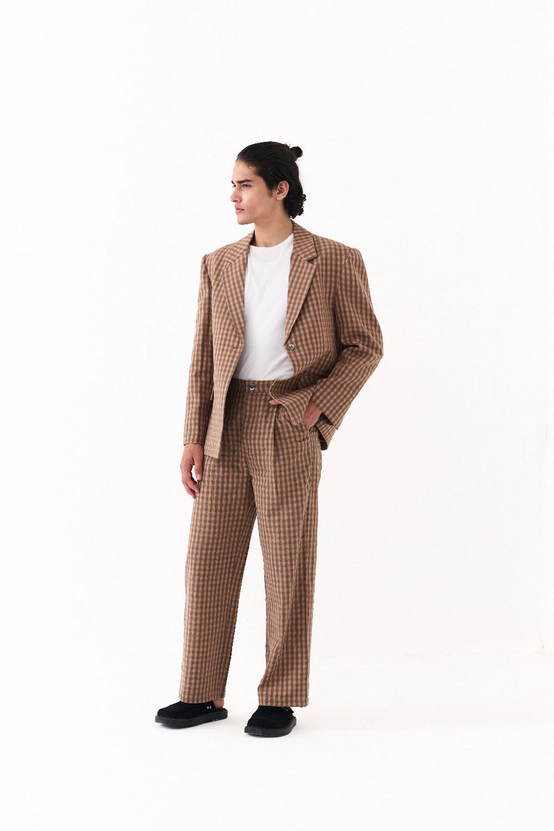 SINGLE BREASTED BLAZER -CARAMEL CHECK mul by THREE Men for men in Singapore