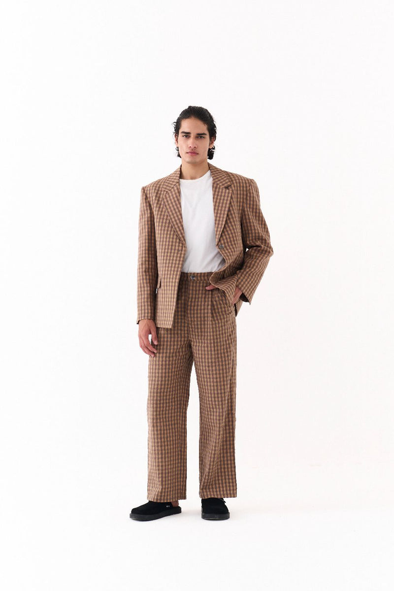 SINGLE BREASTED BLAZER -CARAMEL CHECK mul by THREE Men for men in Singapore