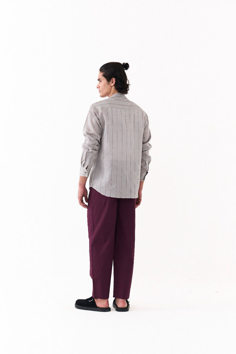 LINEAR EMB.DOUBLE PATCH POCKET SHIRT-GREY chanderi by THREE Men in grey color for men in Singapore