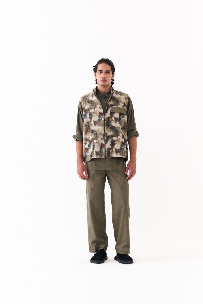 MULTI PANEL SHIRT-OLIVE twill by THREE Men in olive color for men in Singapore