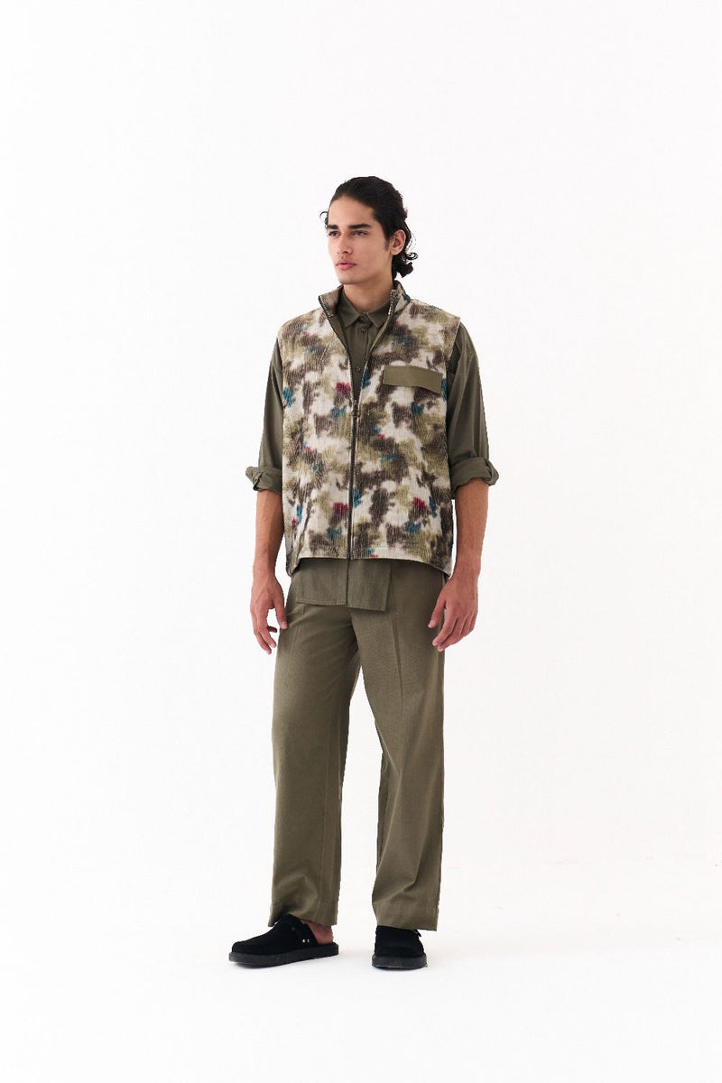MULTI PANEL SHIRT-OLIVE twill by THREE Men in olive color for men in Singapore