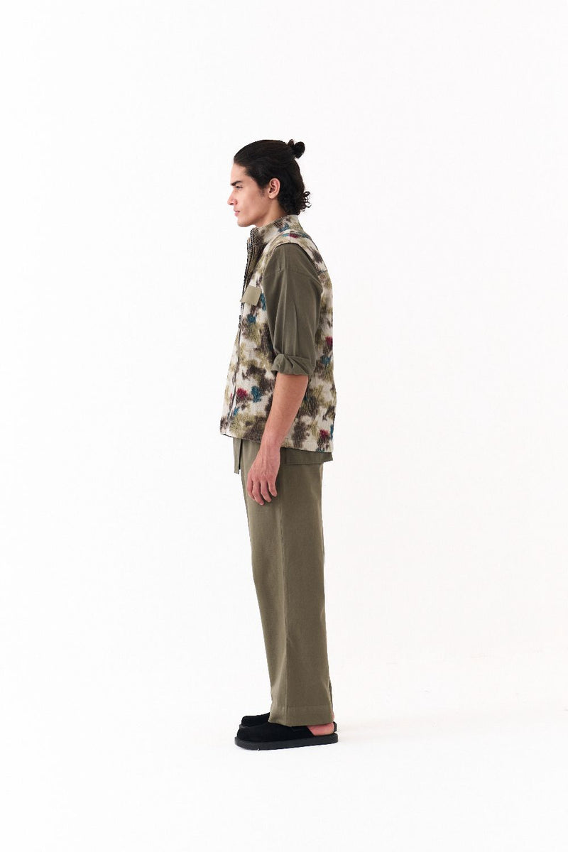 MULTI PANEL SHIRT-OLIVE twill by THREE Men in olive color for men in Singapore
