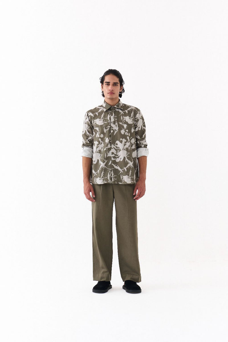FLORAL SHIRT-OLIVE FLORAL twill by THREE Men in olive color for men in Singapore