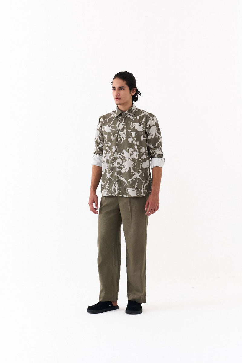 FLORAL SHIRT-OLIVE FLORAL twill by THREE Men in olive color for men in Singapore