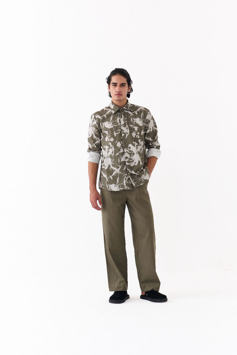 FLORAL SHIRT-OLIVE FLORAL twill by THREE Men in olive color for men in Singapore