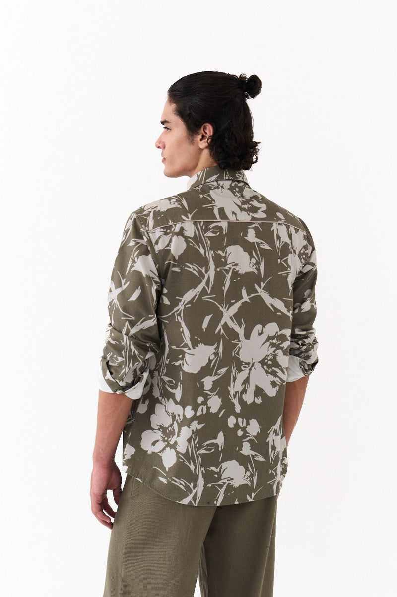 FLORAL SHIRT-OLIVE FLORAL twill by THREE Men in olive color for men in Singapore