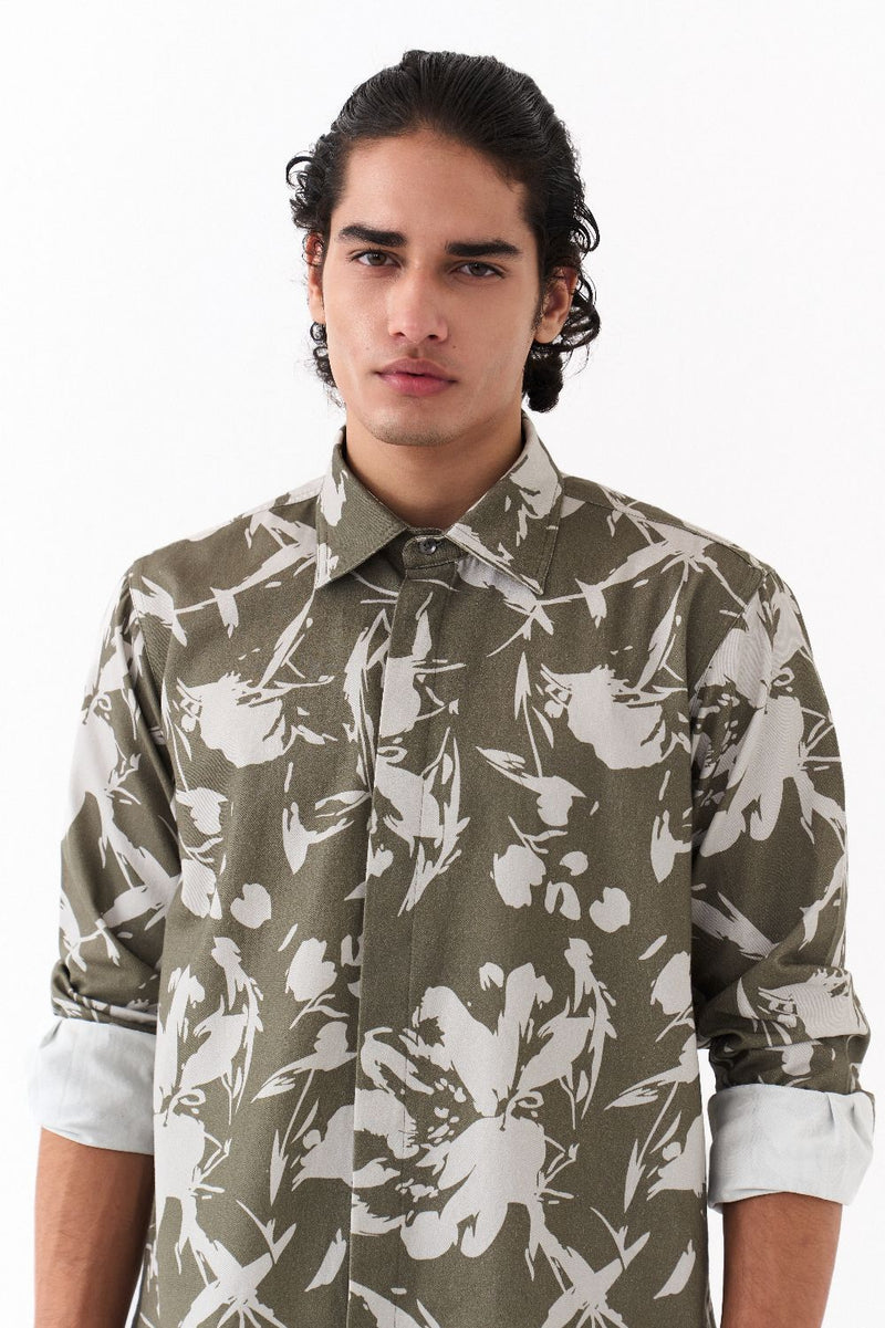 FLORAL SHIRT-OLIVE FLORAL twill by THREE Men in olive color for men in Singapore