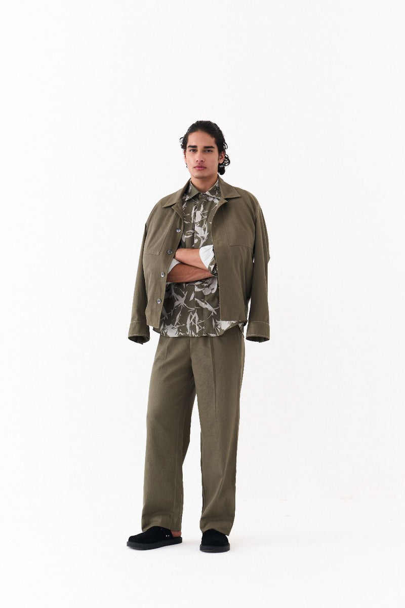 UNISEX JACKET CO-ORD (SETOF 3)-OLIVE FLORAL twill by THREE Men in olive color for men in Singapore
