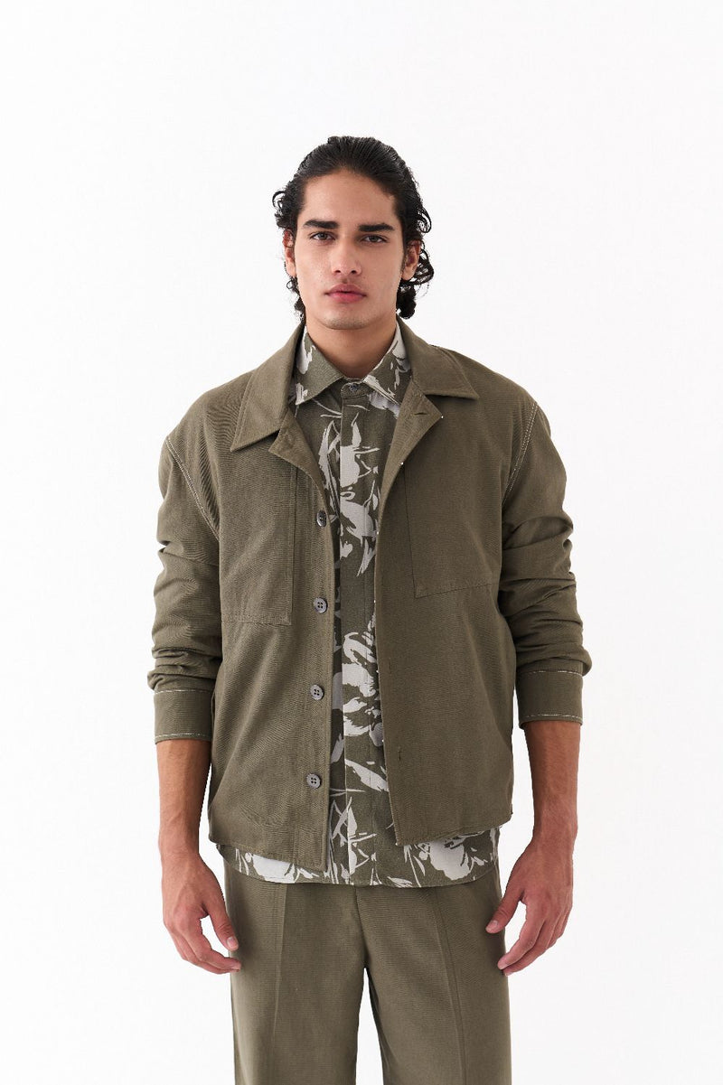 UNISEX JACKET CO-ORD (SETOF 3)-OLIVE FLORAL twill by THREE Men in olive color for men in Singapore