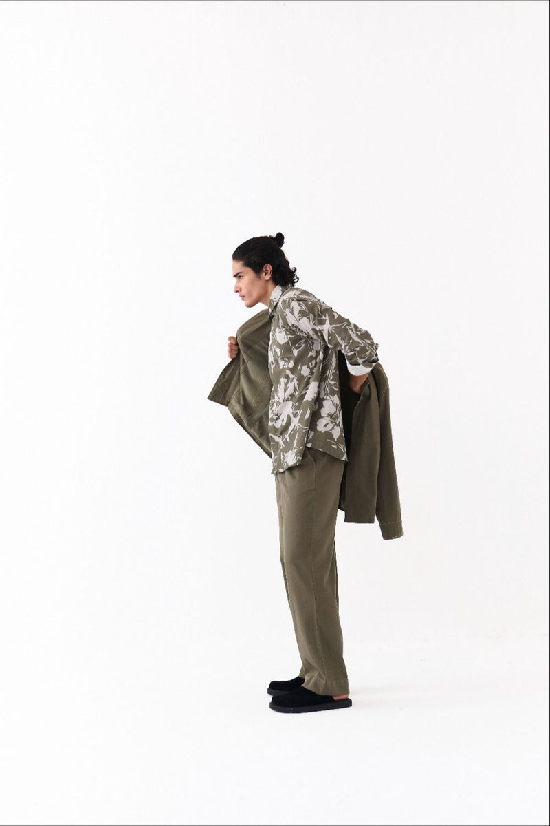 UNISEX JACKET CO-ORD (SETOF 3)-OLIVE FLORAL twill by THREE Men in olive color for men in Singapore