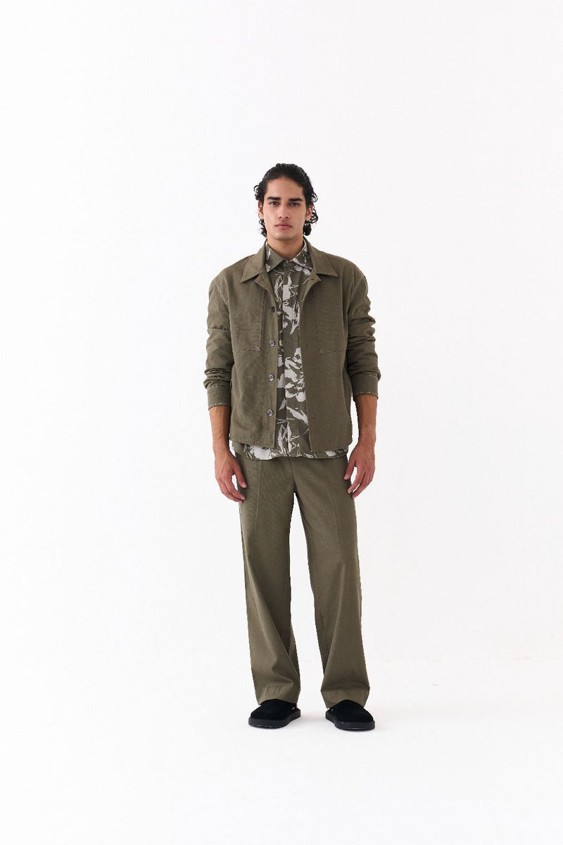 UNISEX JACKET CO-ORD (SETOF 3)-OLIVE FLORAL twill by THREE Men in olive color for men in Singapore