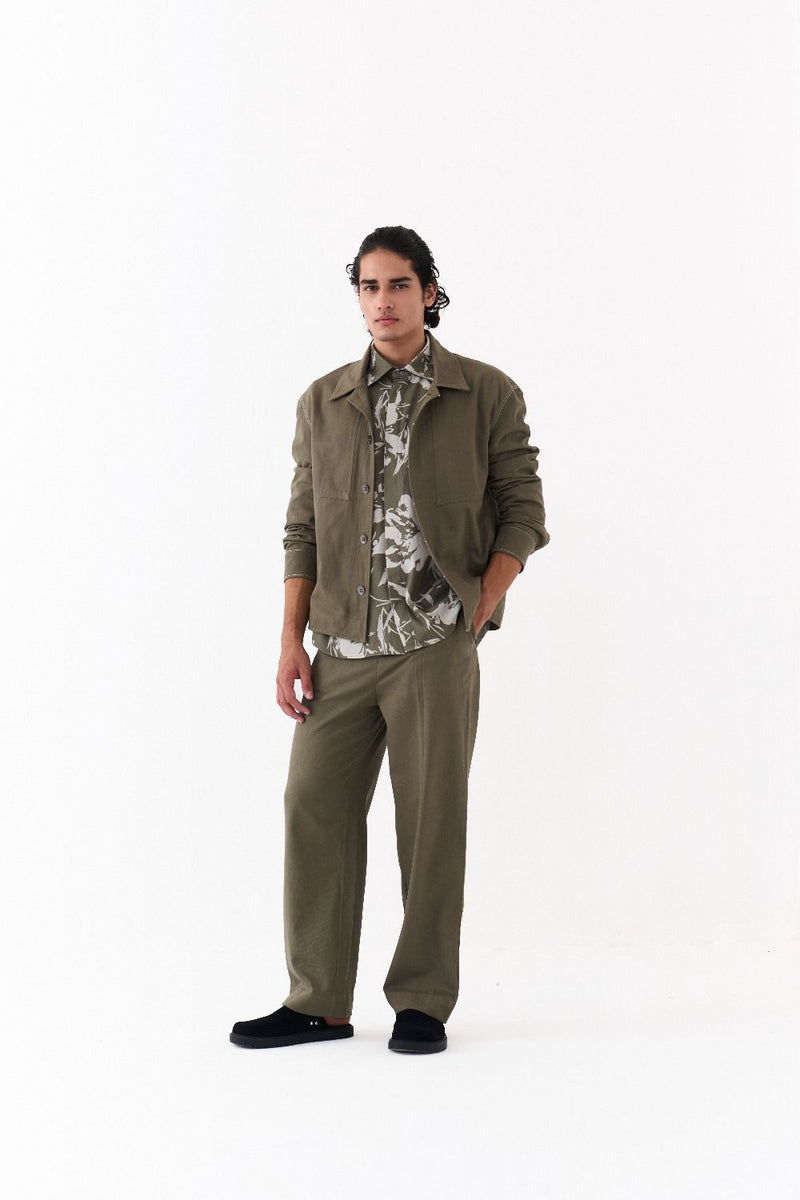 UNISEX JACKET CO-ORD (SETOF 3)-OLIVE FLORAL twill by THREE Men in olive color for men in Singapore