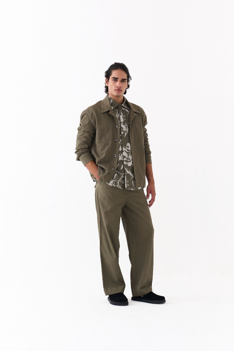 UNISEX JACKET CO-ORD (SETOF 3)-OLIVE FLORAL twill by THREE Men in olive color for men in Singapore