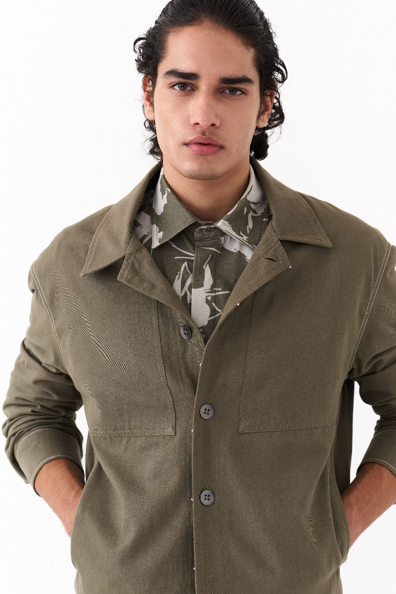 UNISEX JACKET CO-ORD (SETOF 3)-OLIVE FLORAL twill by THREE Men in olive color for men in Singapore