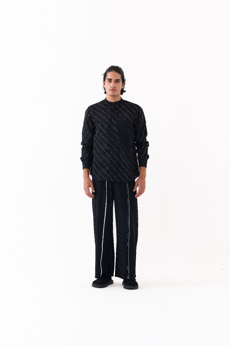ASYMMETRIC LINEAR EMB. SHIRT CO-ORD-BLACK chanderi by THREE Men in black color for men in Singapore