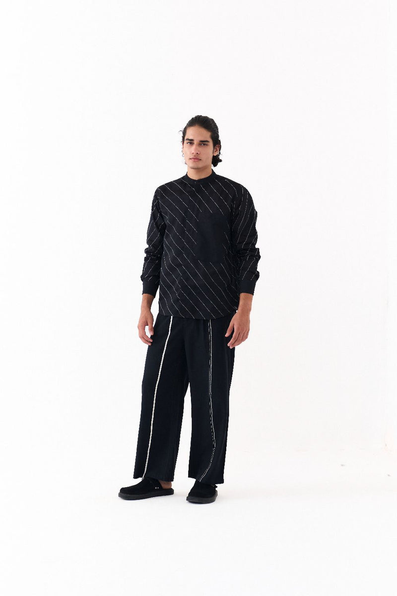 ASYMMETRIC LINEAR EMB. SHIRT CO-ORD-BLACK chanderi by THREE Men in black color for men in Singapore