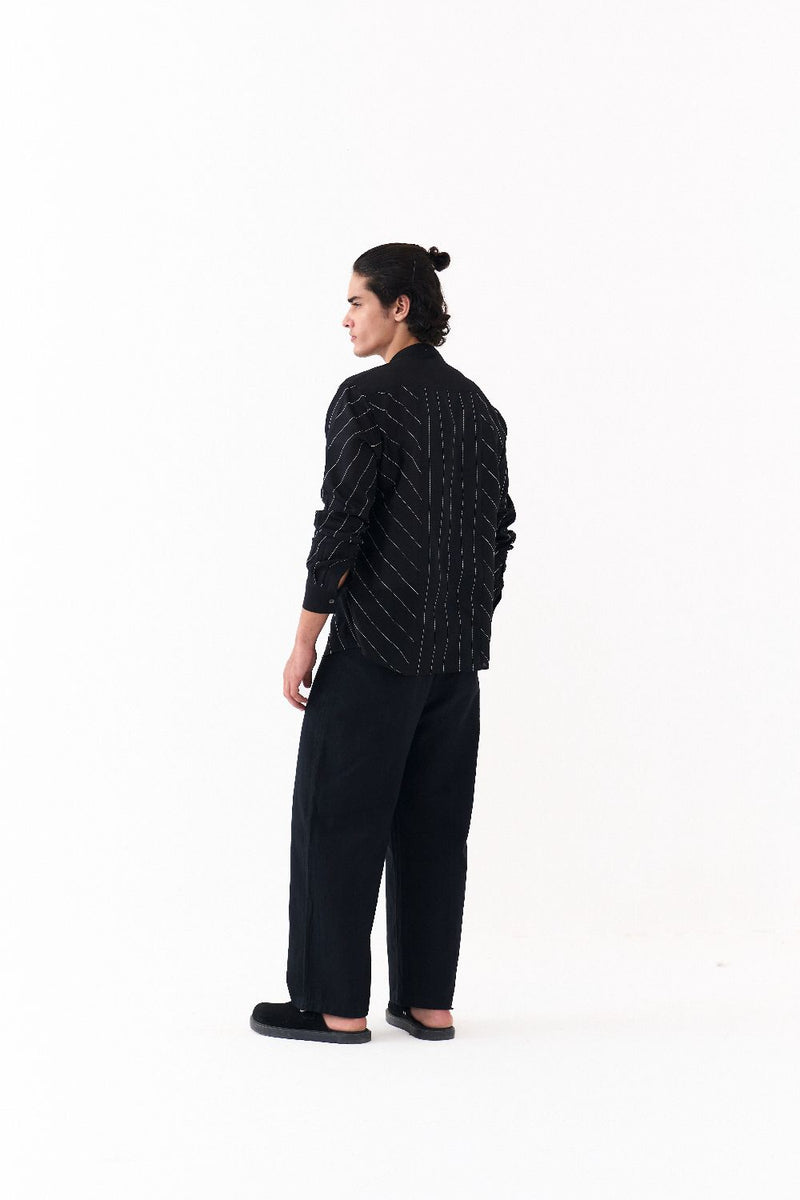 ASYMMETRIC LINEAR EMB. SHIRT CO-ORD-BLACK chanderi by THREE Men in black color for men in Singapore