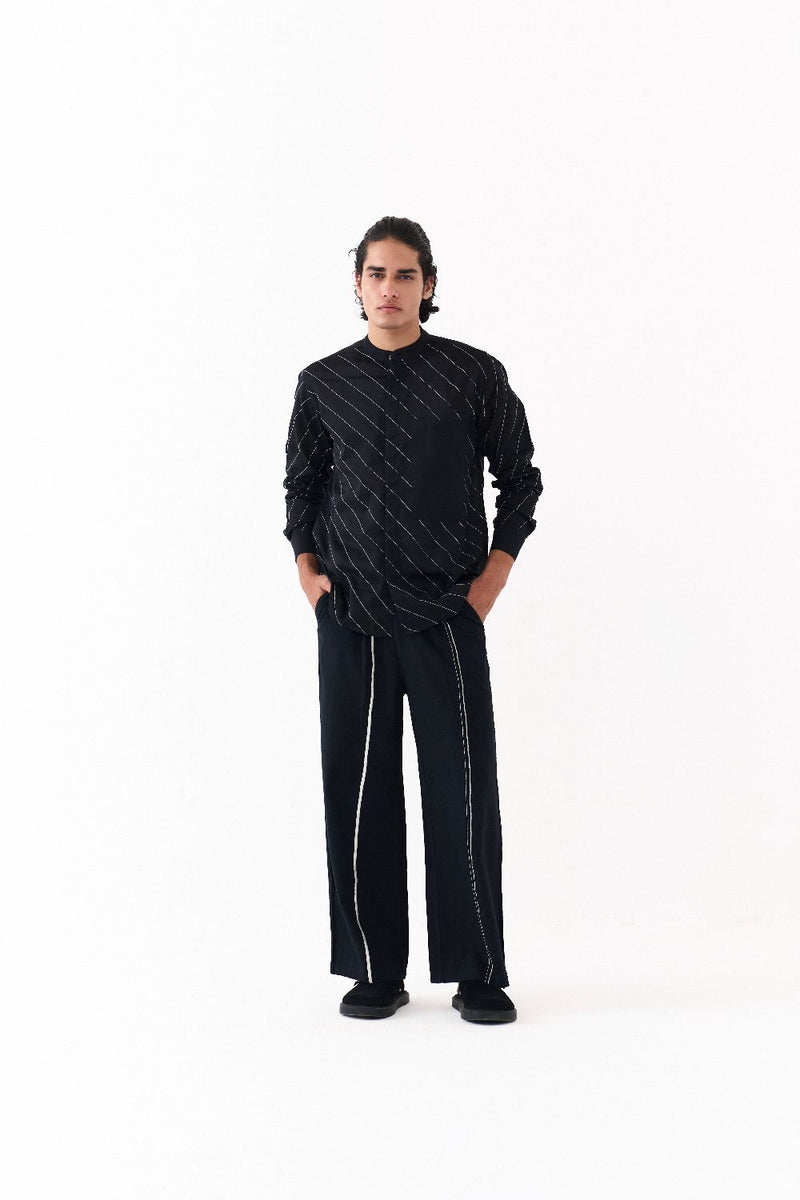 ASYMMETRIC LINEAR EMB. SHIRT CO-ORD-BLACK chanderi by THREE Men in black color for men in Singapore