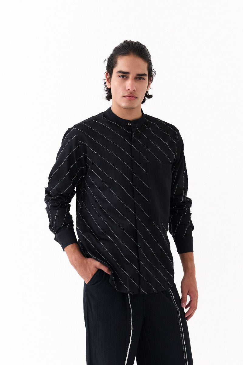 ASYMMETRIC LINEAR EMB. SHIRT CO-ORD-BLACK chanderi by THREE Men in black color for men in Singapore