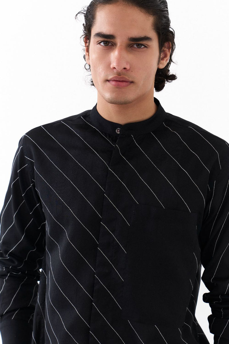 ASYMMETRIC LINEAR EMB. SHIRT CO-ORD-BLACK chanderi by THREE Men in black color for men in Singapore
