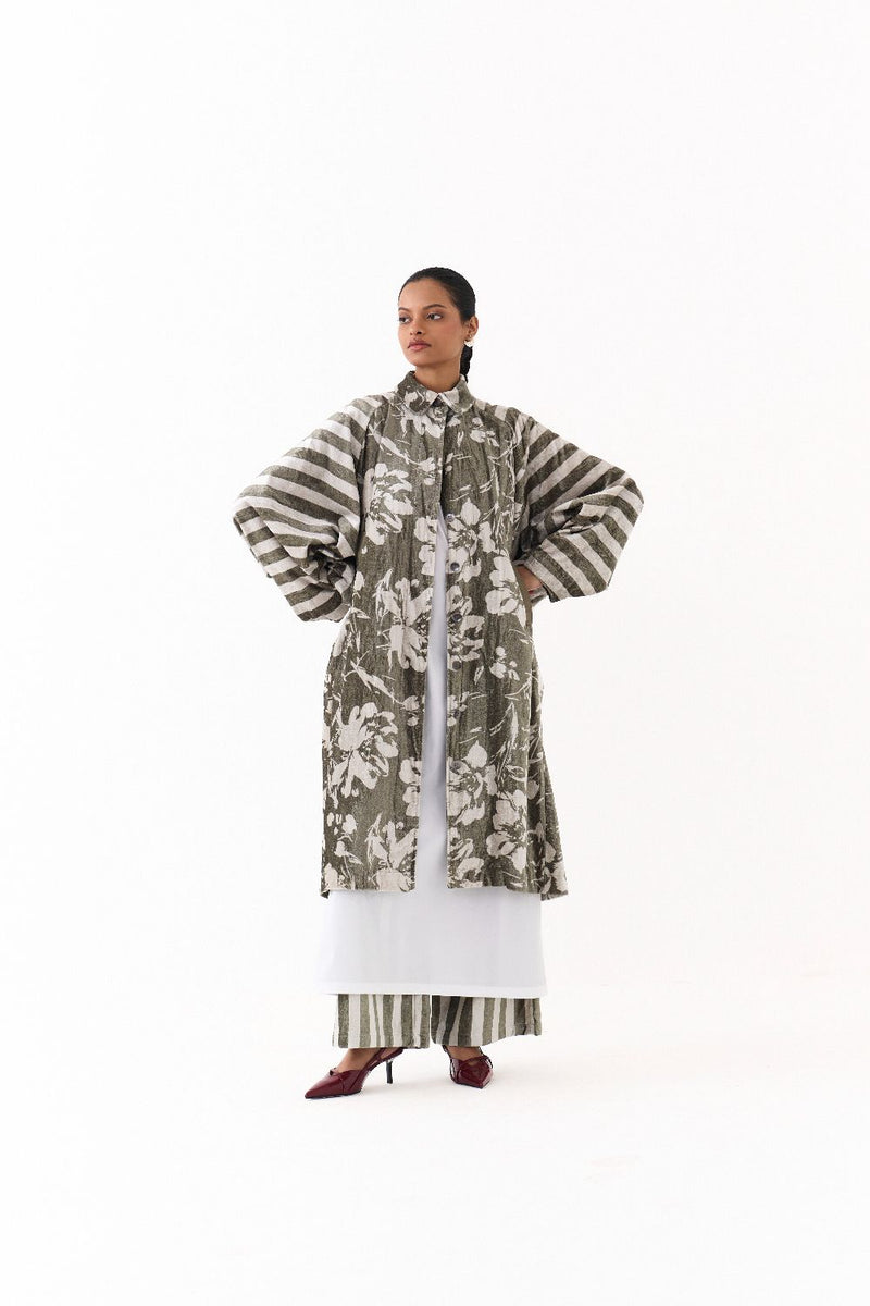 FLORAL BAT SLEEVE JACKET-OLIVE FLORAL/ STRIPE by THREE in olive color for women in Singapore