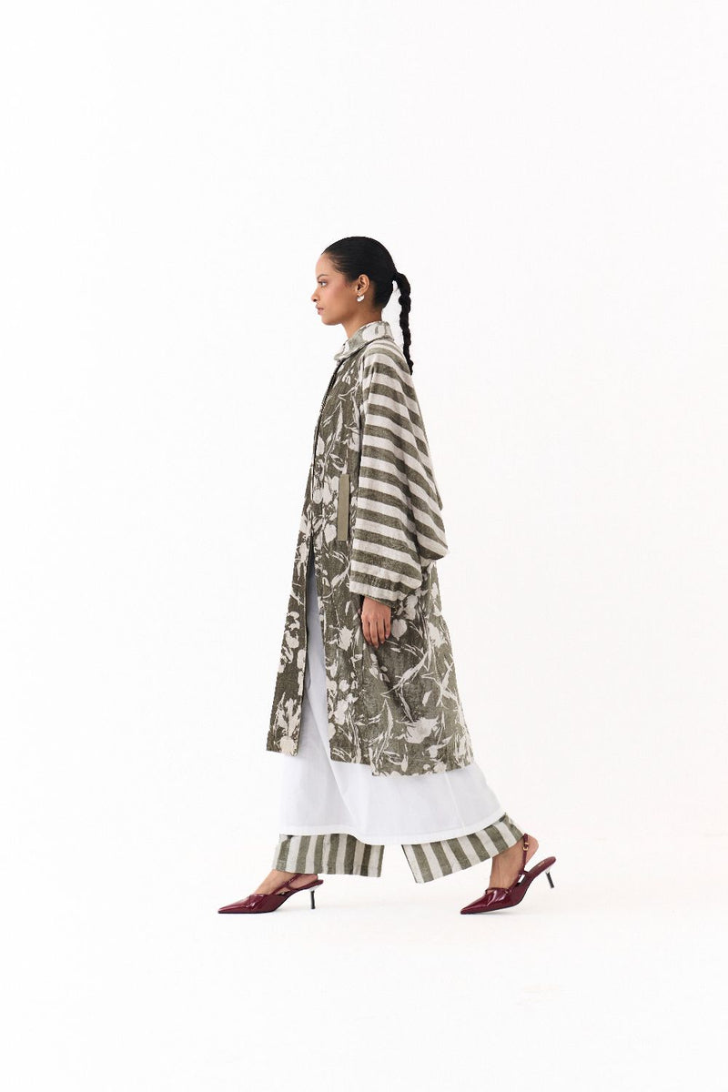 FLORAL BAT SLEEVE JACKET-OLIVE FLORAL/ STRIPE by THREE in olive color for women in Singapore