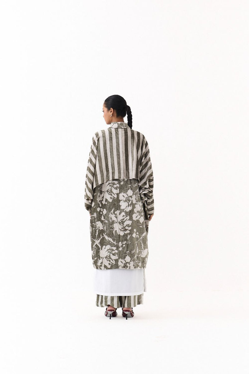 FLORAL BAT SLEEVE JACKET CO ORD
(SET OF 3)-OLIVE STRIPE 100% cotton by THREE in olive color for women in Singapore