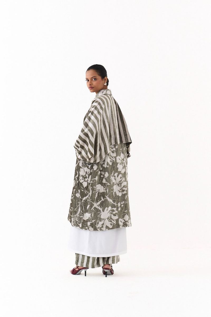 FLORAL BAT SLEEVE JACKET CO ORD
(SET OF 3)-OLIVE STRIPE 100% cotton by THREE in olive color for women in Singapore