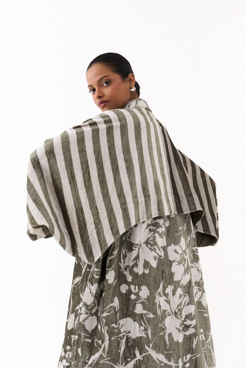 FLORAL BAT SLEEVE JACKET-OLIVE FLORAL/ STRIPE by THREE in olive color for women in Singapore
