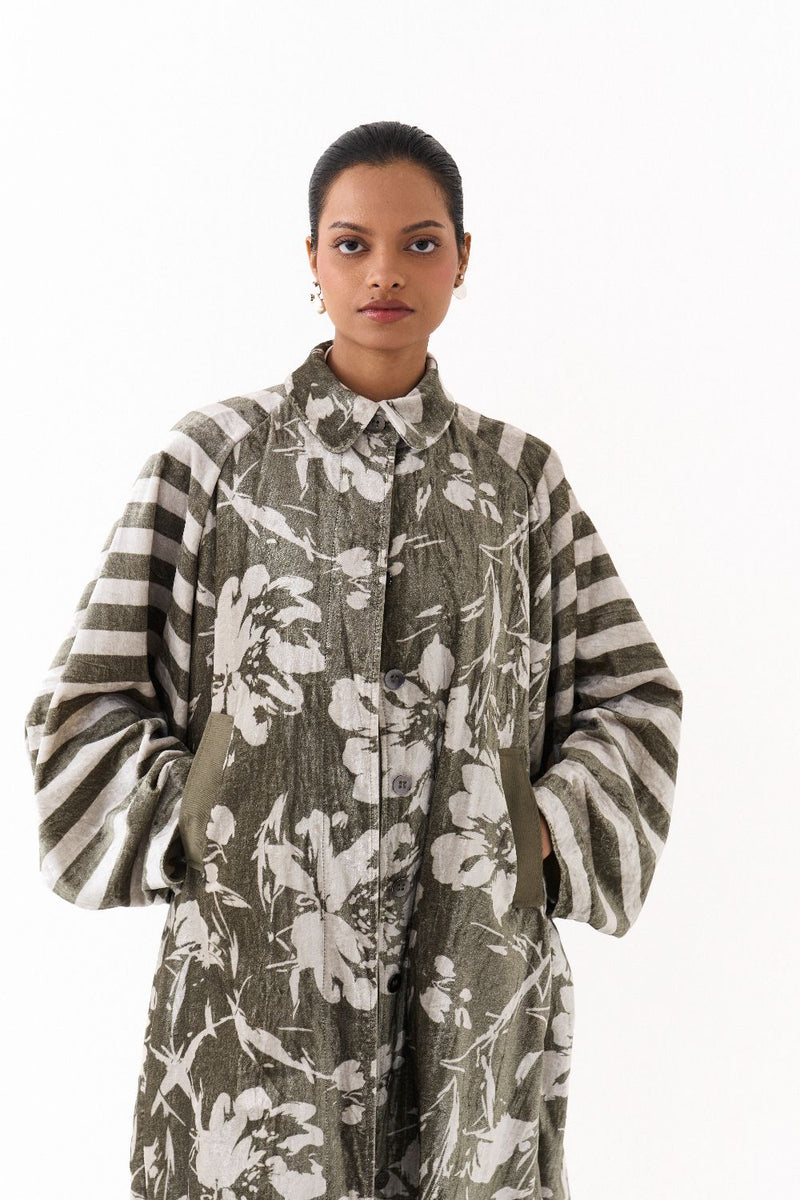 FLORAL BAT SLEEVE JACKET-OLIVE FLORAL/ STRIPE by THREE in olive color for women in Singapore
