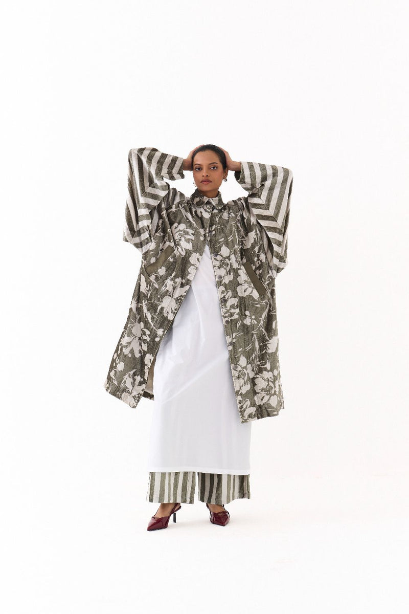 FLORAL BAT SLEEVE JACKET-OLIVE FLORAL/ STRIPE by THREE in olive color for women in Singapore