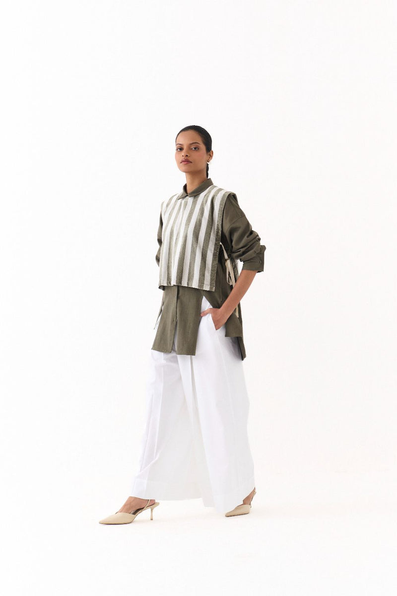 PANELLED SHIRT (set)-OLIVE twill by THREE in olive color for women in Singapore