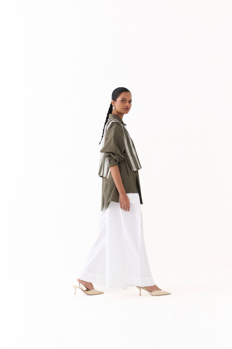PANELLED SHIRT (set)-OLIVE twill by THREE in olive color for women in Singapore