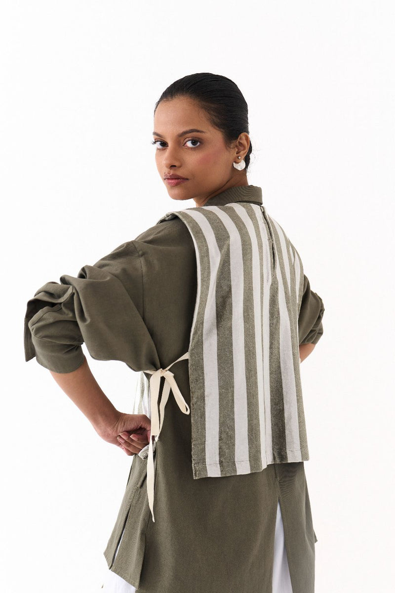 PANELLED SHIRT (set)-OLIVE twill by THREE in olive color for women in Singapore