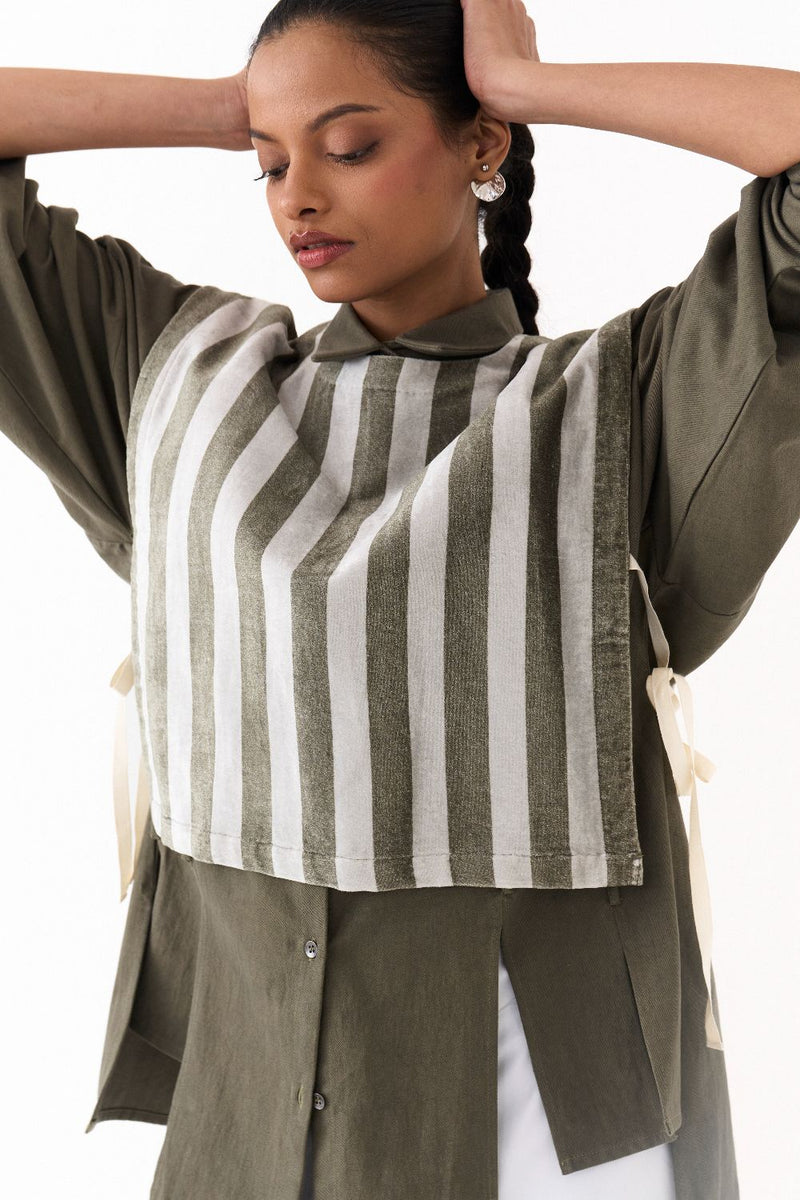 PANELLED SHIRT (set)-OLIVE twill by THREE in olive color for women in Singapore