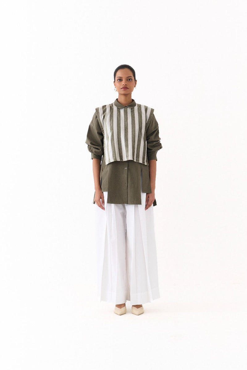 PANELLED SHIRT (set)-OLIVE twill by THREE in olive color for women in Singapore