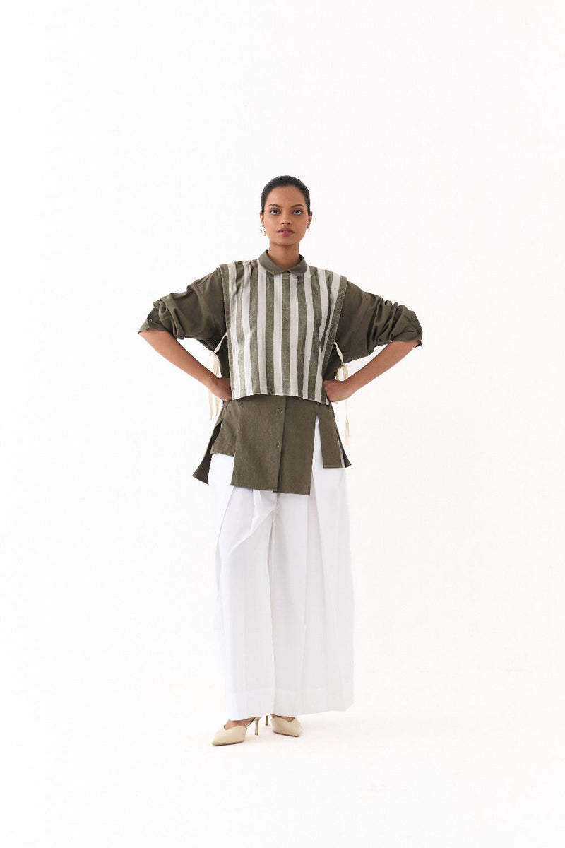 PANELLED SHIRT (set)-OLIVE twill by THREE in olive color for women in Singapore