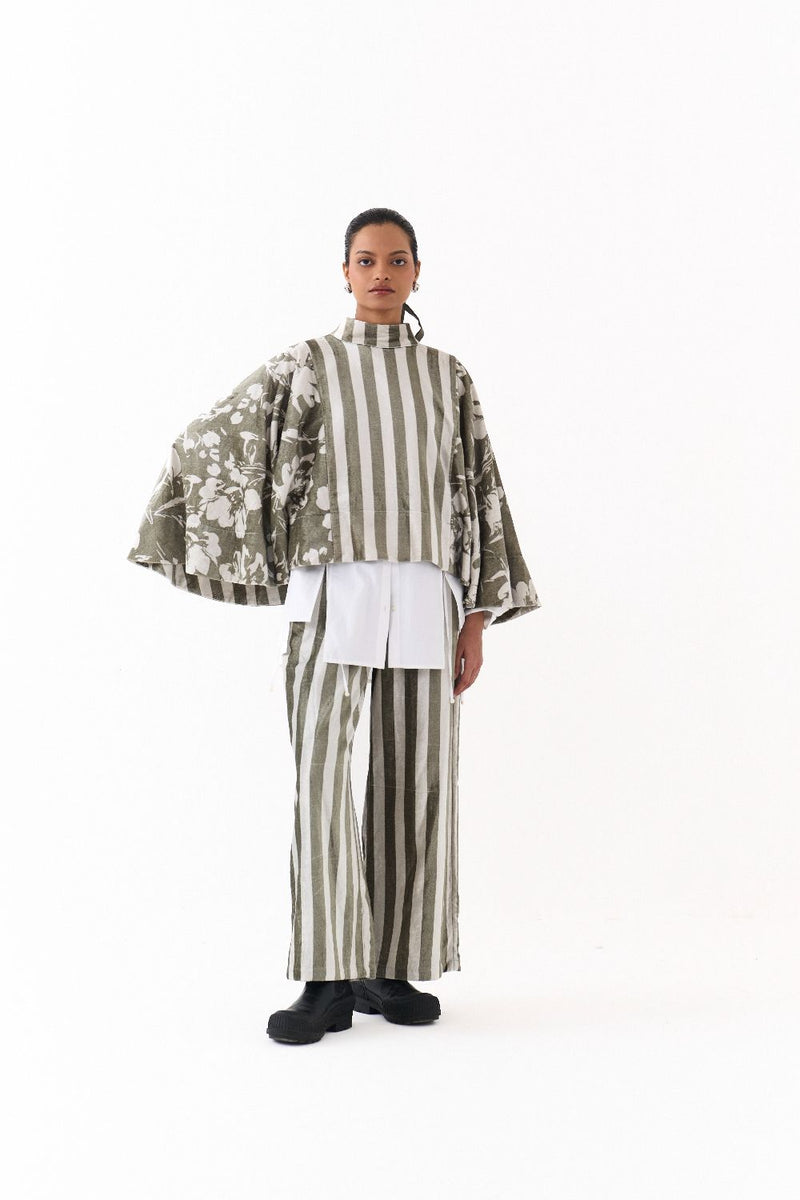 WIDE HEM PONCHO-OLIVE STRIPE/FLORAL by THREE in olive color for women in Singapore
