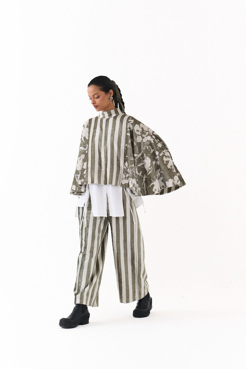 WIDE HEM PONCHO CO ORD (SET OF 3)-OLIVE STRIPE 100% cotton by THREE in olive color for women in Singapore