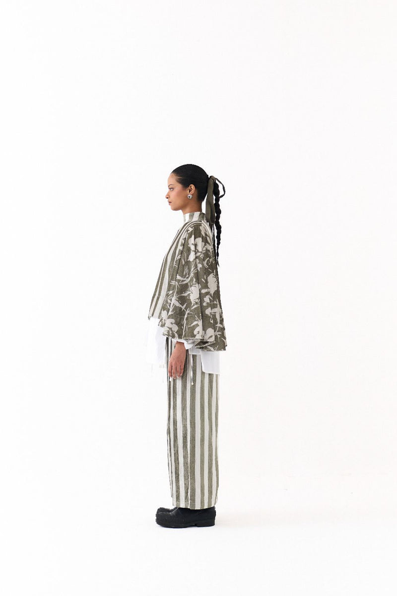 WIDE HEM PONCHO-OLIVE STRIPE/FLORAL by THREE in olive color for women in Singapore
