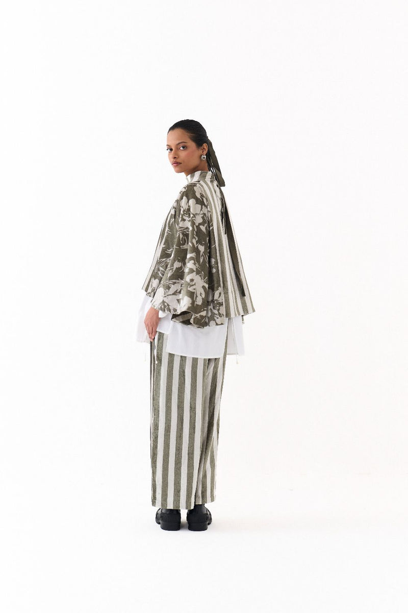 WIDE HEM PONCHO-OLIVE STRIPE/FLORAL by THREE in olive color for women in Singapore